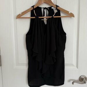 Women’s Y2K Cache Metal Detail Halter Tank Top Black Ruffle Detail Size S